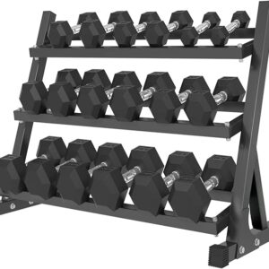 3-shelf dumbbell rack fully loaded