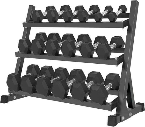 3-shelf dumbbell rack fully loaded