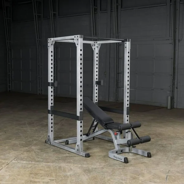 power rack shown set up for bench pressing