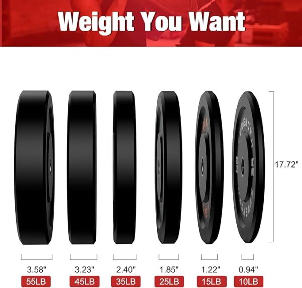 profile view of the thickness of each barbell weight plate from 10 - 55 lbs.