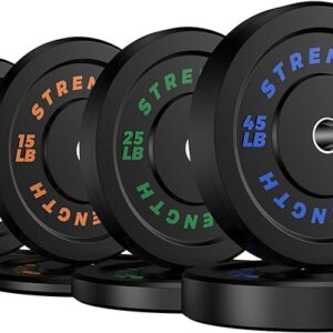 rubber barbell weight plates lined up together 10, 15, 25, 45 lbs. as shown