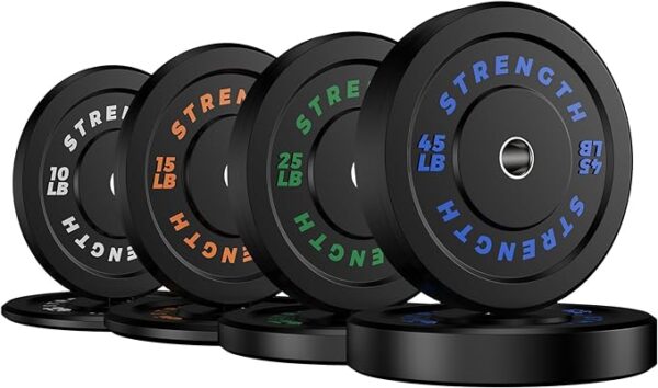 rubber barbell weight plates lined up together 10, 15, 25, 45 lbs. as shown