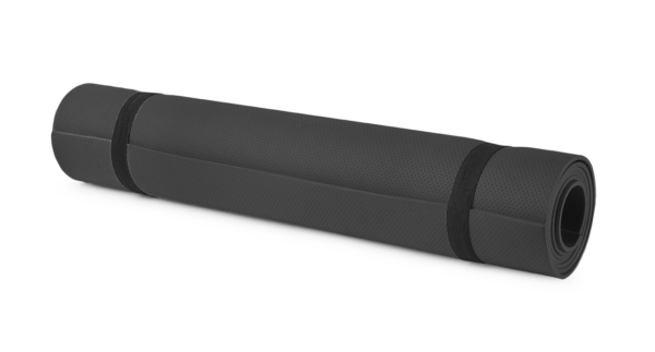 a rolled up black yoga mat