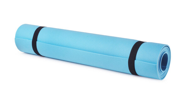 a rolled up blue yoga mat