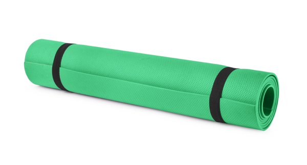 a rolled up green yoga mat