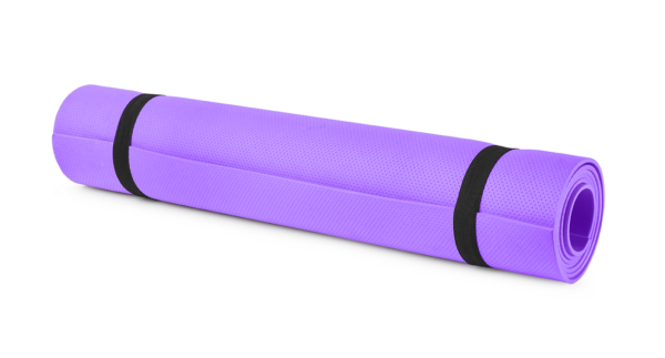 a rolled up purple yoga mat